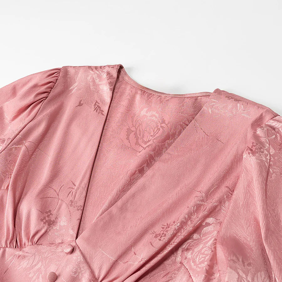 Damen nan Jacquard-Minikleid mit tiefem V-Ausschnitt, dekorativer Zierknopfleiste und voluminösen Ballonärmeln Drune