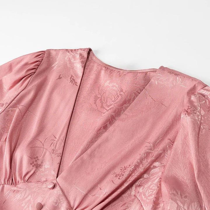 Damen nan Jacquard-Minikleid mit tiefem V-Ausschnitt, dekorativer Zierknopfleiste und voluminösen Ballonärmeln Drune