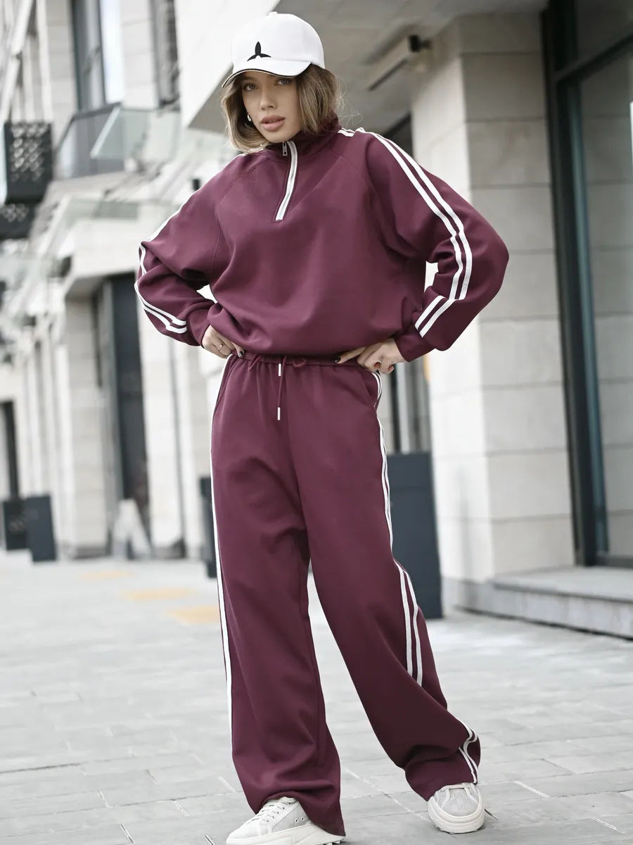 Damen Lässiges Sweat-Set mit Stehkragen, Ballonärmeln und Seitenstreifen Drune