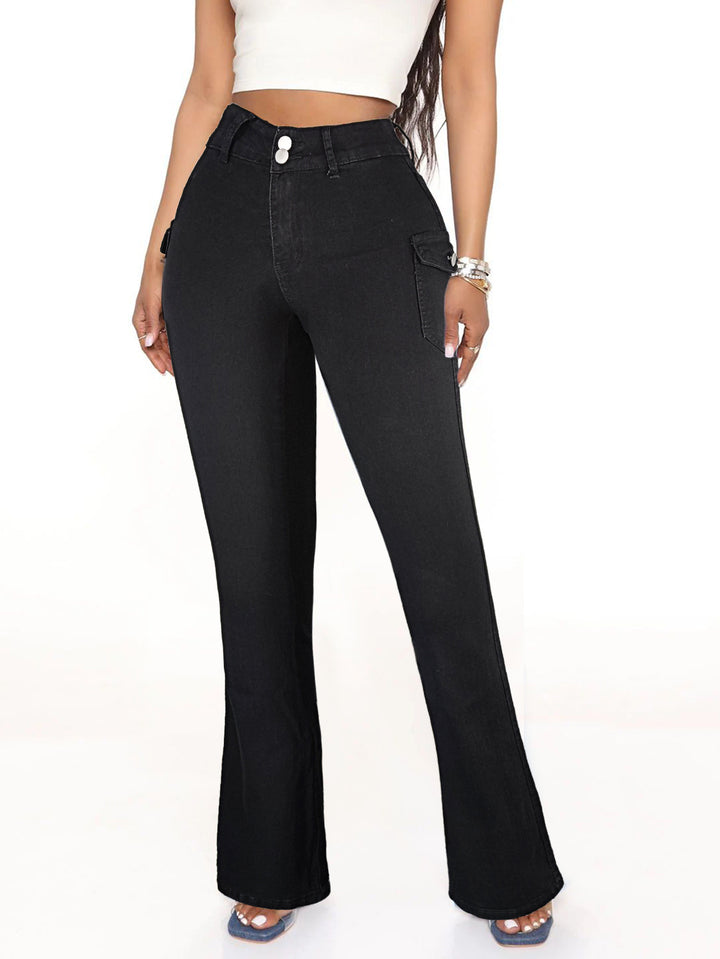Damen Hochtaillierte Flared-Denimhose mit seitlichen Cargo-Pattentaschen & Doppelknopf Drune