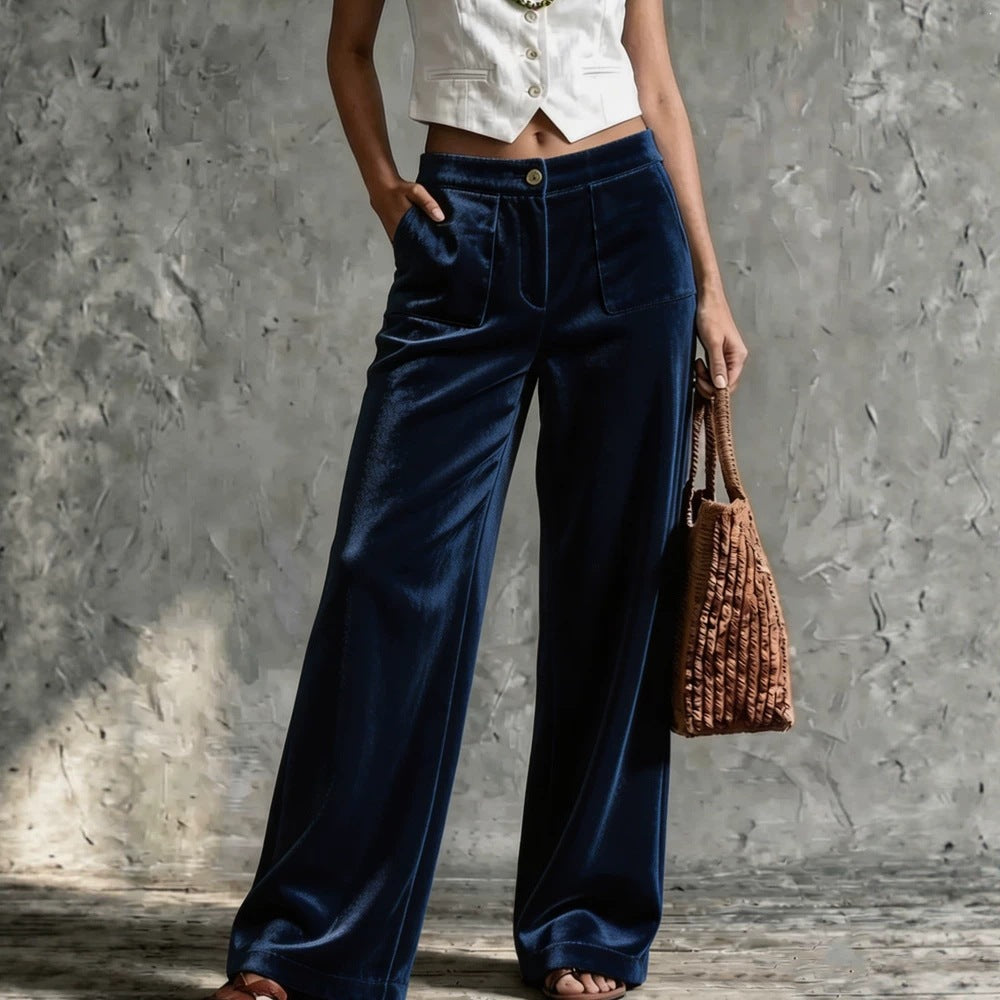 Damen Weite Samt-Palazzohose mit hoher Taille und aufgesetzten Taschen Drune