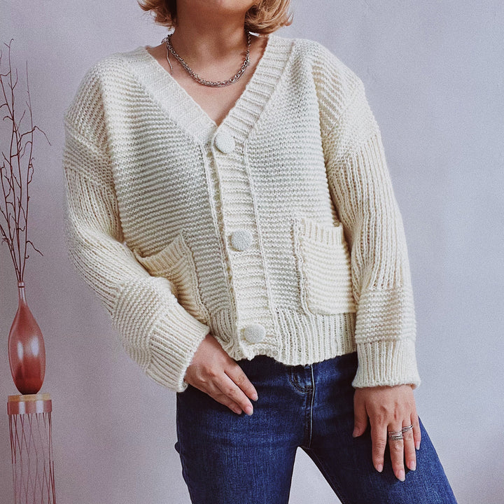 Damen kuschelige Strickjacke mit V-Ausschnitt und Taschen Drune