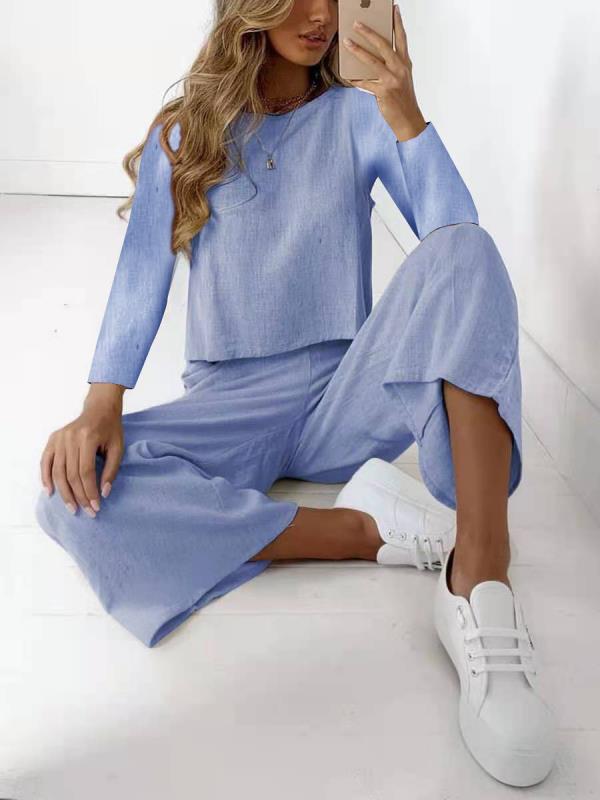 Damen Lässiges Leinenoptik-Zweiteiler Set mit Oversize-Langarmtop und weiter Palazzo-Hose Drune