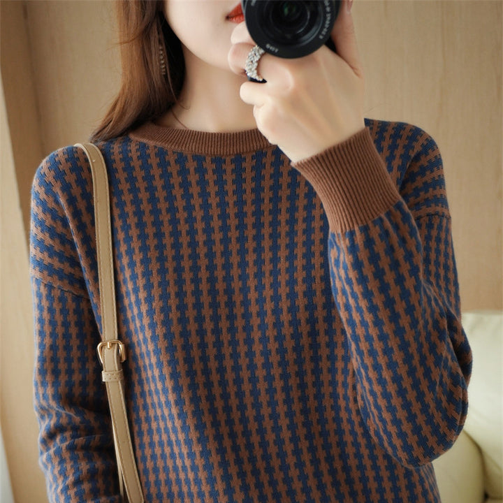 Damen Leichter Strukturstrick-Pullover mit Hahnentritt-Muster und breitem Rippbündchen Drune