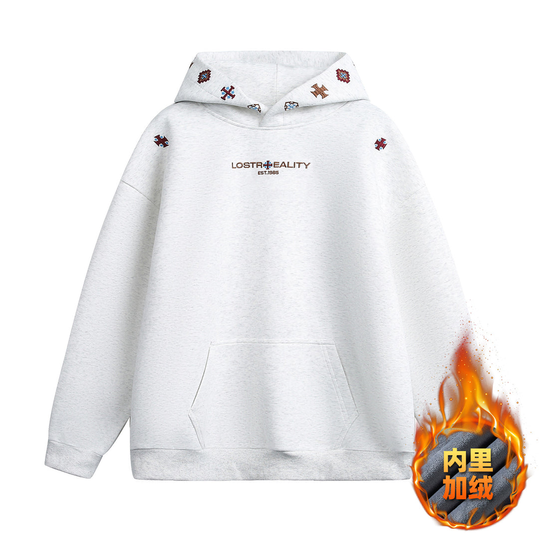 Unisex Oversize Kapuzenpullover mit feiner Logo- und Motivstickerei sowie Kängurutasche Drune