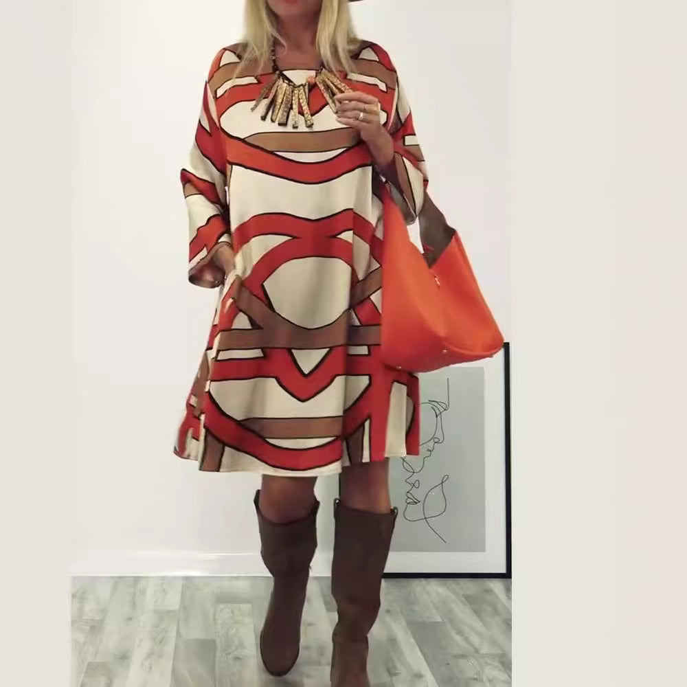 Damen nan großzügiges Swingkleid mit weitem Tulpen-Saum, Fledermausärmeln und grafischem Allovermuster Drune