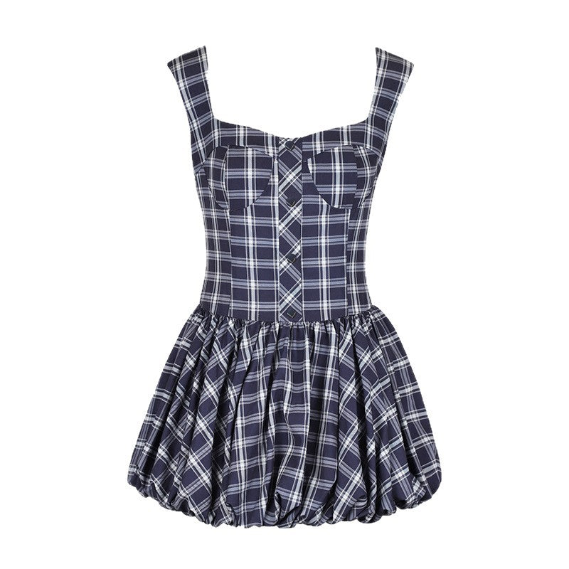 Damen Midikleid mit karierter A-Linien Silhouette und schulterfreien Trägern Drune