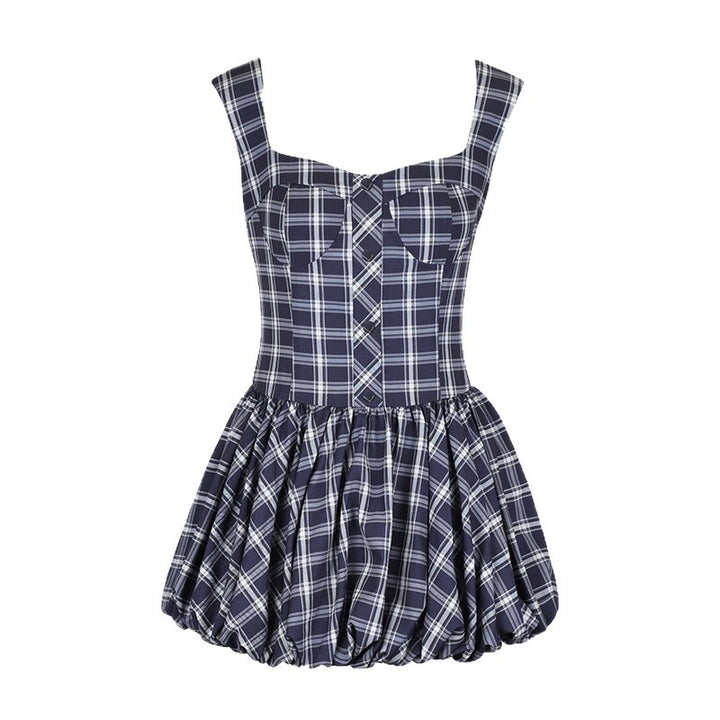 Damen Midikleid mit karierter A-Linien Silhouette und schulterfreien Trägern Drune