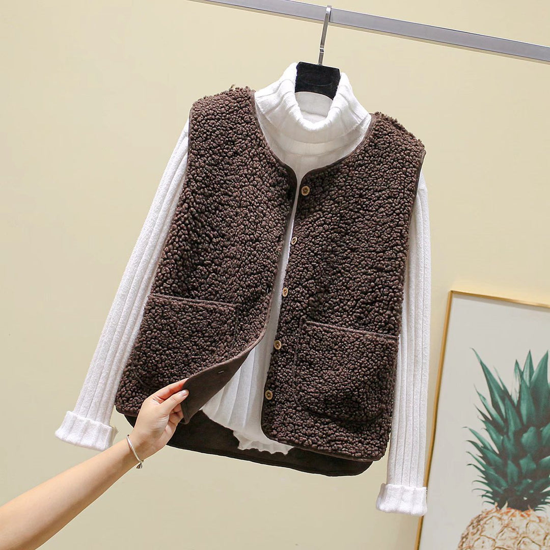 Damen Teddy-Fleece Weste mit Knopfleiste und Aufgesetzten Taschen Drune