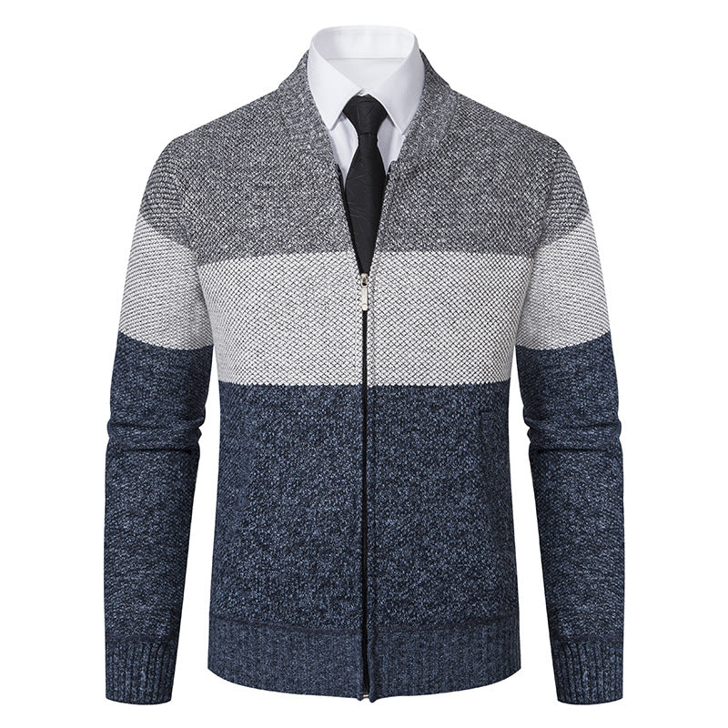 Herren Strukturierte Blockstreifen‑Strickjacke mit Frontzip, Stehkragen und Eingrifftaschen Drune