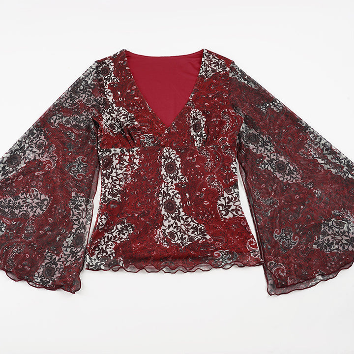 Damen Chiffonbluse mit tiefem V-Ausschnitt, ausgestellten Glockenärmeln und Paisley-Print Drune