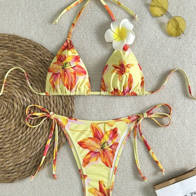 Damen Triangel-Bikini mit floralen Akzenten und verstellbaren Bindebändern Drune