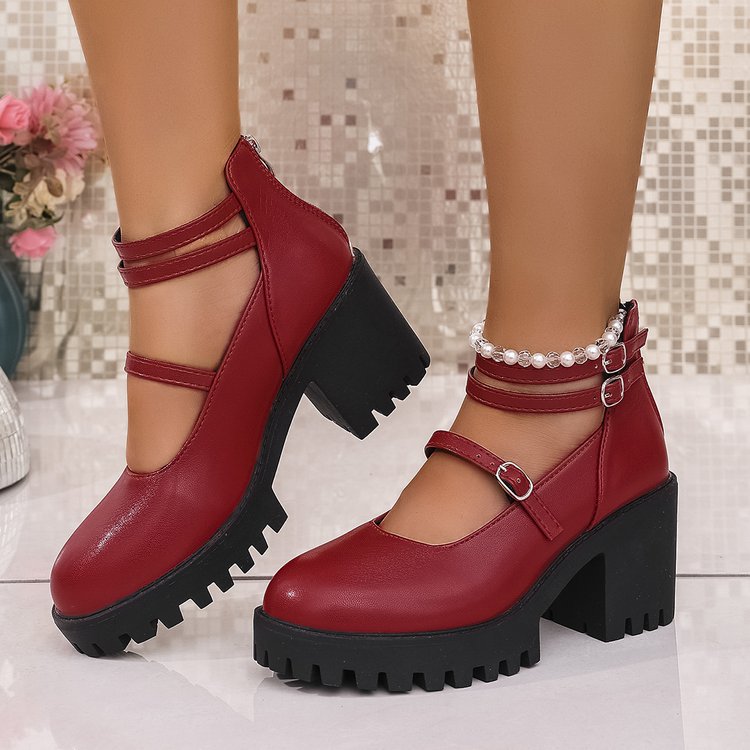 Damen Mary-Jane-Schuhe mit profiliertem Plateau, klobigem Blockabsatz und verstellbaren Riemen Drune