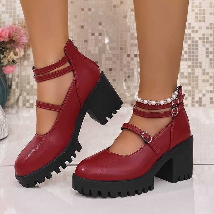 Damen Mary-Jane-Schuhe mit profiliertem Plateau, klobigem Blockabsatz und verstellbaren Riemen Drune