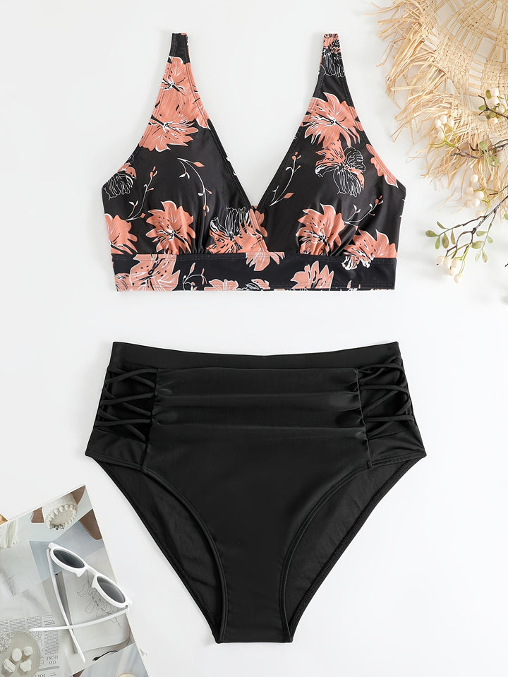 Damen Hochgeschnittener Bikini mit floralen Akzenten und raffinierten Details Drune