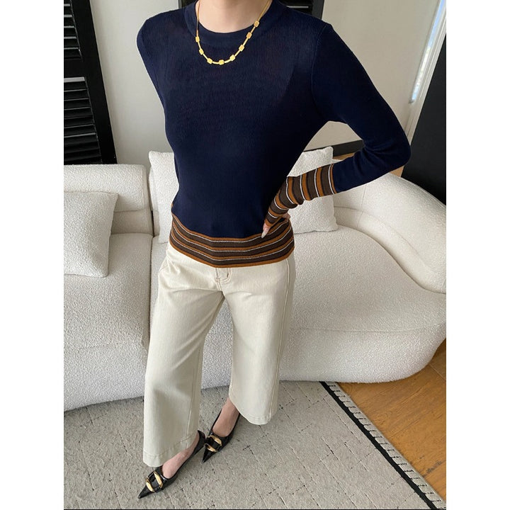 Damen eleganter Strickpullover mit modischen Streifen Drune