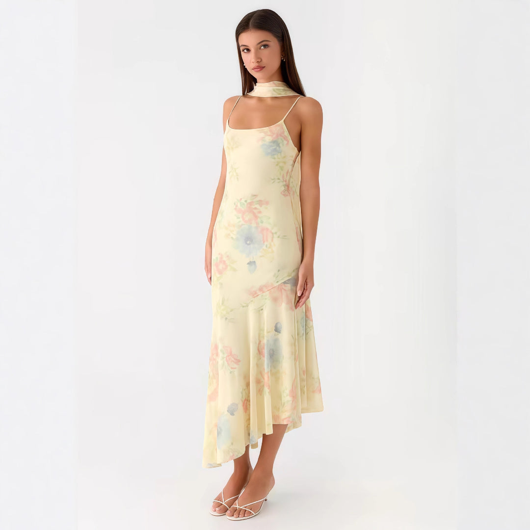 Damen Elegantes Maxikleid mit blumigem Chiffon-Design und Neckholder-Ausschnitt Drune