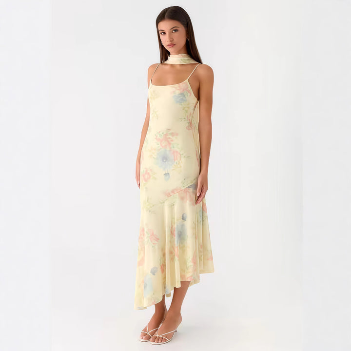 Damen Elegantes Maxikleid mit blumigem Chiffon-Design und Neckholder-Ausschnitt Drune