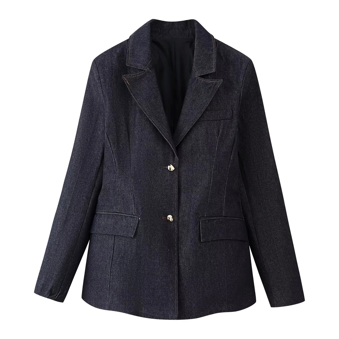 Damen 30+ dreiteiliges Denim-Set: taillierter Blazer, Taillen-Corsage & High-Waist-Jeans Drune