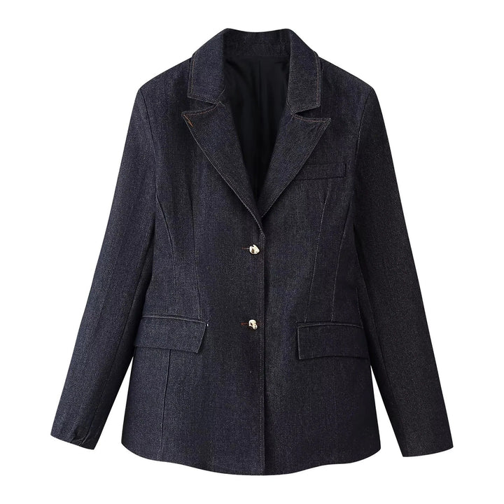 Damen 30+ dreiteiliges Denim-Set: taillierter Blazer, Taillen-Corsage & High-Waist-Jeans Drune