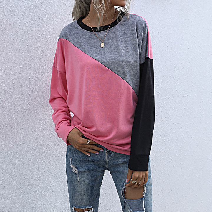 Damen Lässiges Colorblock-Sweatshirt mit diagonaler Teilung und Raglanärmeln Drune