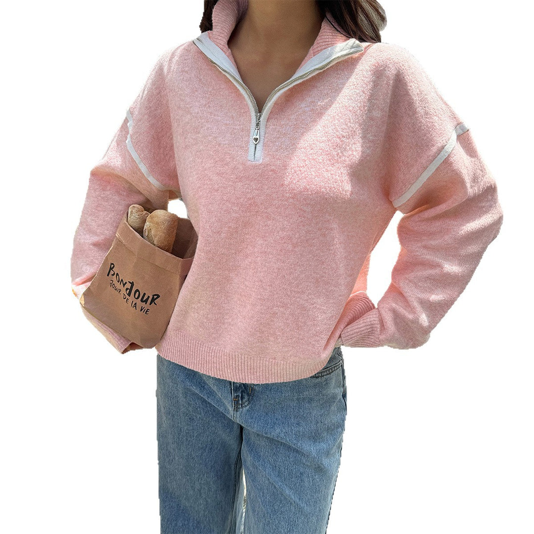 Damen nan oversized Strickpullover mit halbem Reißverschluss, Kontrastpaspeln und überschnittener Schulter Drune