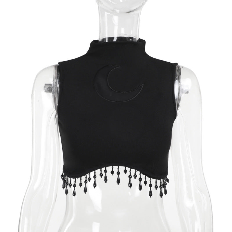 Damen elegantes Crop-Top mit Perlenverzierungen Drune
