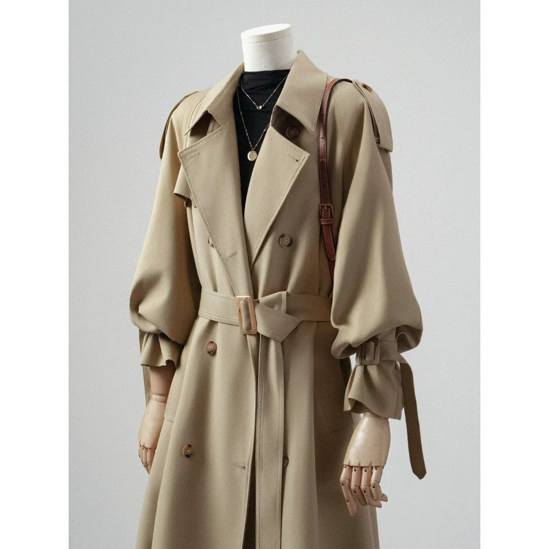 Damen Doppelreihiger Trenchcoat mit Taillengürtel und Ballonärmeln Drune