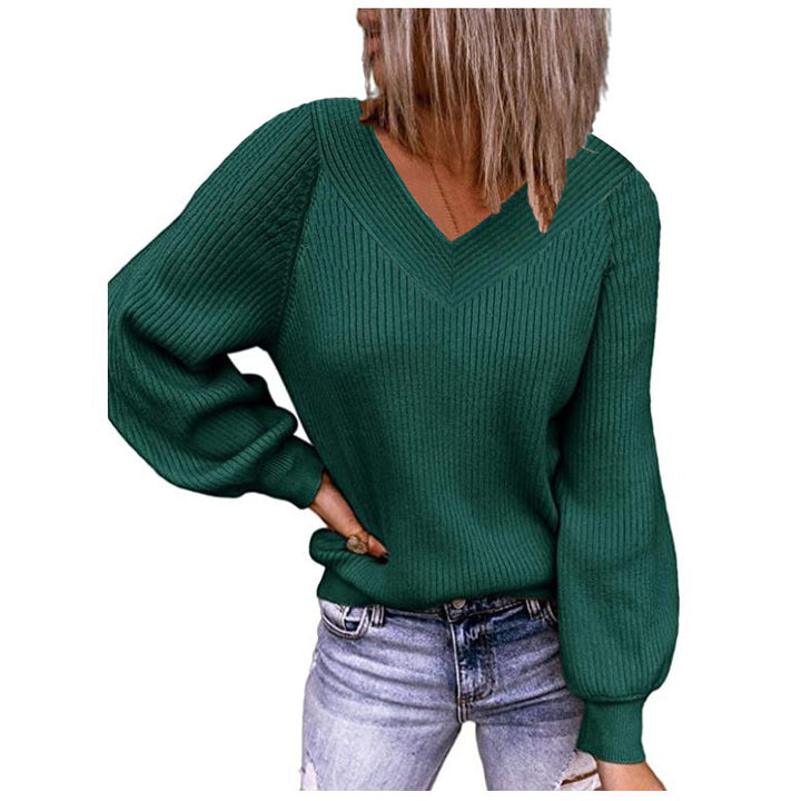 Damen Gerippter V‑Ausschnitt Pullover mit Ballonärmeln und lässiger Passform Drune