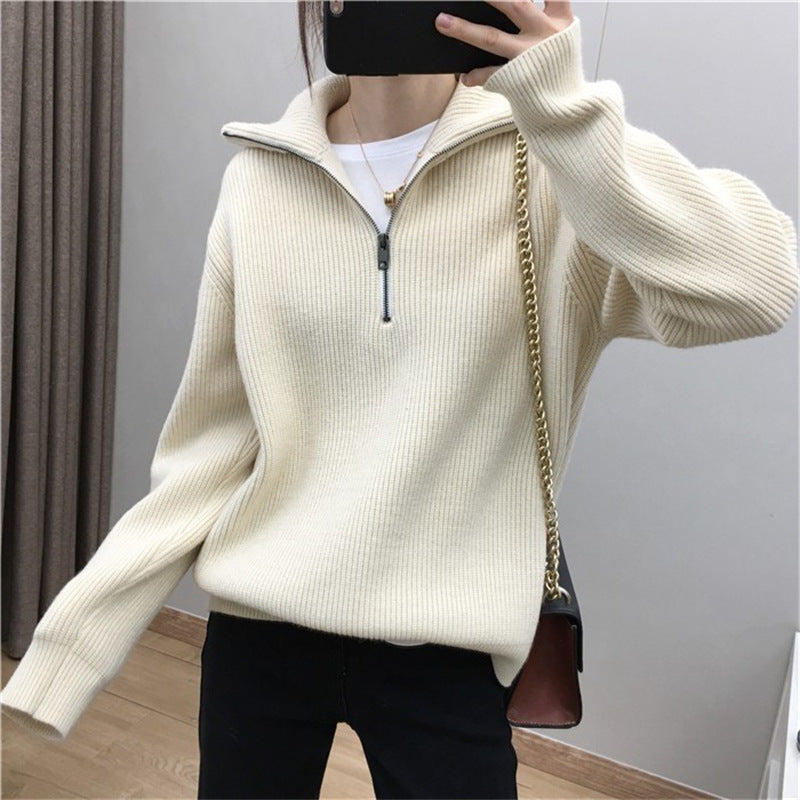 Damen Leichter Strickpullover mit hohem Kragen und Reißverschluss Drune