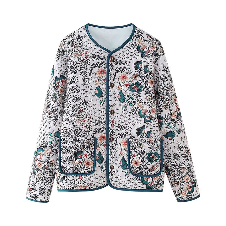 Damen nan gesteppte Blusenjacke mit floral-ethnischem Print, leichter Wattierung und kontrastierender Paspel Drune