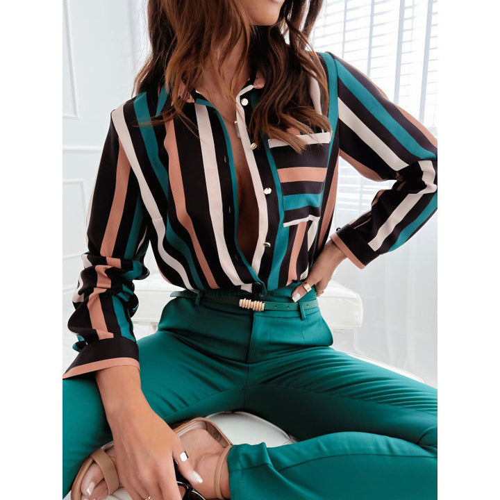 Damen Button-Up Streifenbluse mit Kontrasttaschen Drune