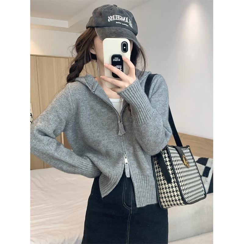 Damen Leichte Strickjacke mit Hoodie und Reißverschluss Drune