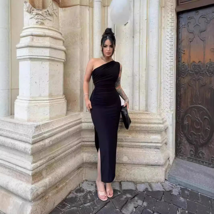Damen elegantes langärmliges Maxikleid mit asymmetrischem Ausschnitt und Rüschendetails Drune