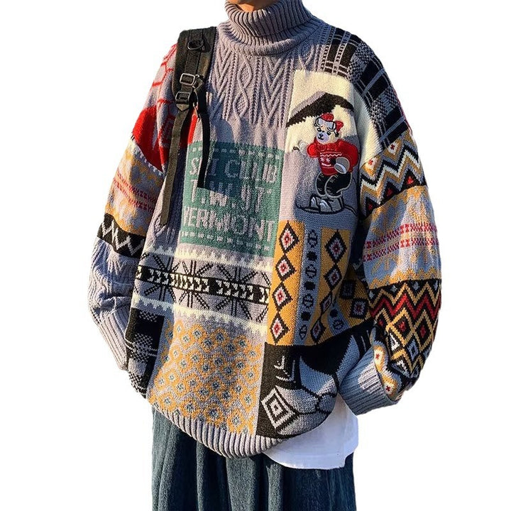 Damen modischer Oversized-Pullover mit kreativem Muster und hohem Kragen Drune