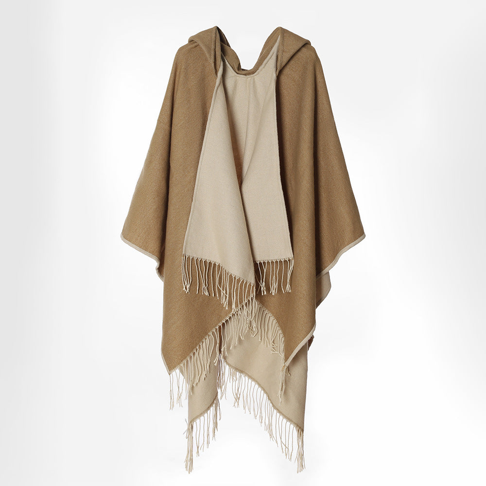 Damen Kapuzencape aus Wollmix mit Wendefunktion und Fransensaum Drune