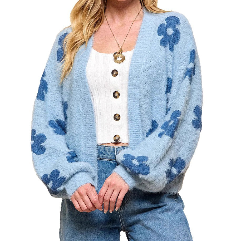 Damen Flauschiger Cardigan mit Blumenmuster Drune