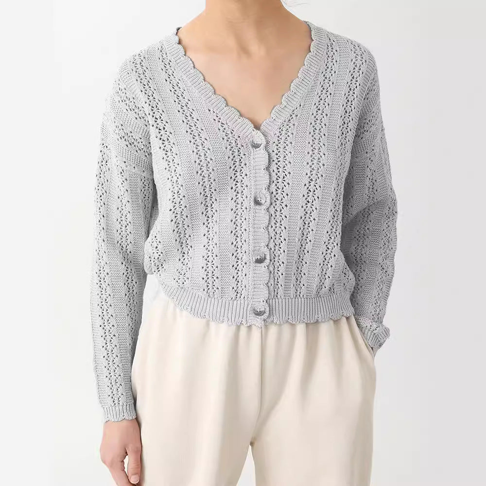 Damen Strickjacke mit filigranem Lochmuster und Wellenabschlüssen Drune