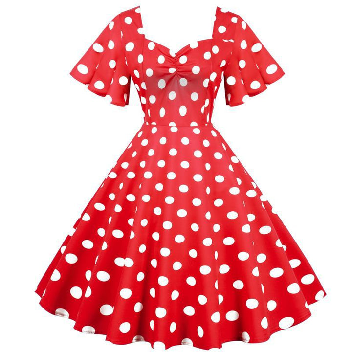 Damen Rockabilly Kleid mit verspieltem Polka-Dots-Muster und schwingendem Saum Drune