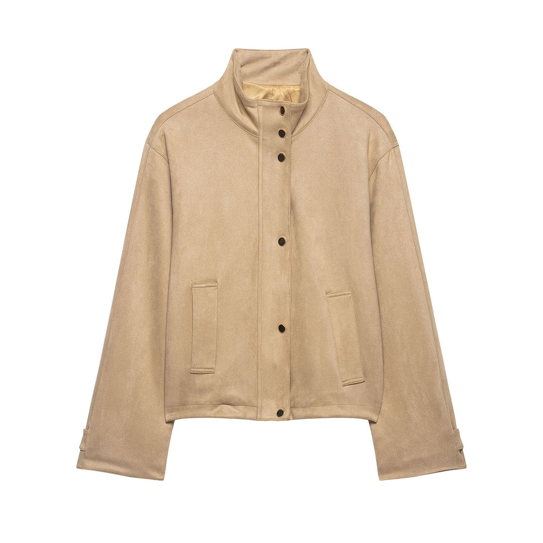 Damen Kurze Boxy-Jacke in Veloursoptik mit Stehkragen und Druckknopfleiste Drune