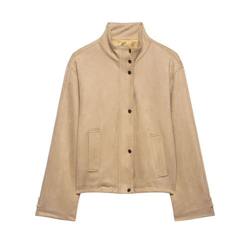Damen Kurze Boxy-Jacke in Veloursoptik mit Stehkragen und Druckknopfleiste Drune