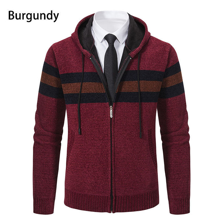 Herren Kapuzen-Strickjacke mit durchgehendem Reißverschluss, Kontraststreifen und Eingrifftaschen Drune
