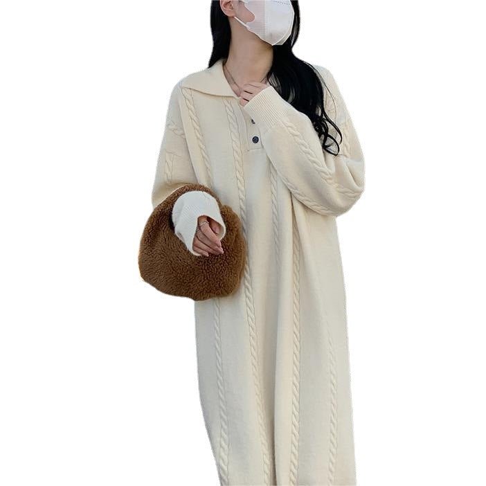 Damen Strickkleid mit Knopfleiste und eleganter Zopfmusterstruktur Drune