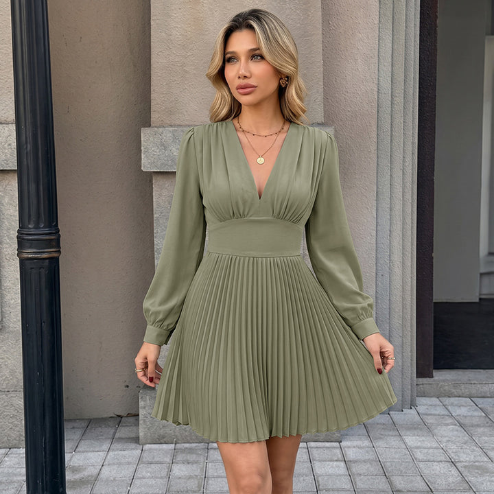 Damen Plissiertes Minikleid mit tiefem V-Ausschnitt und langen Ärmeln Drune
