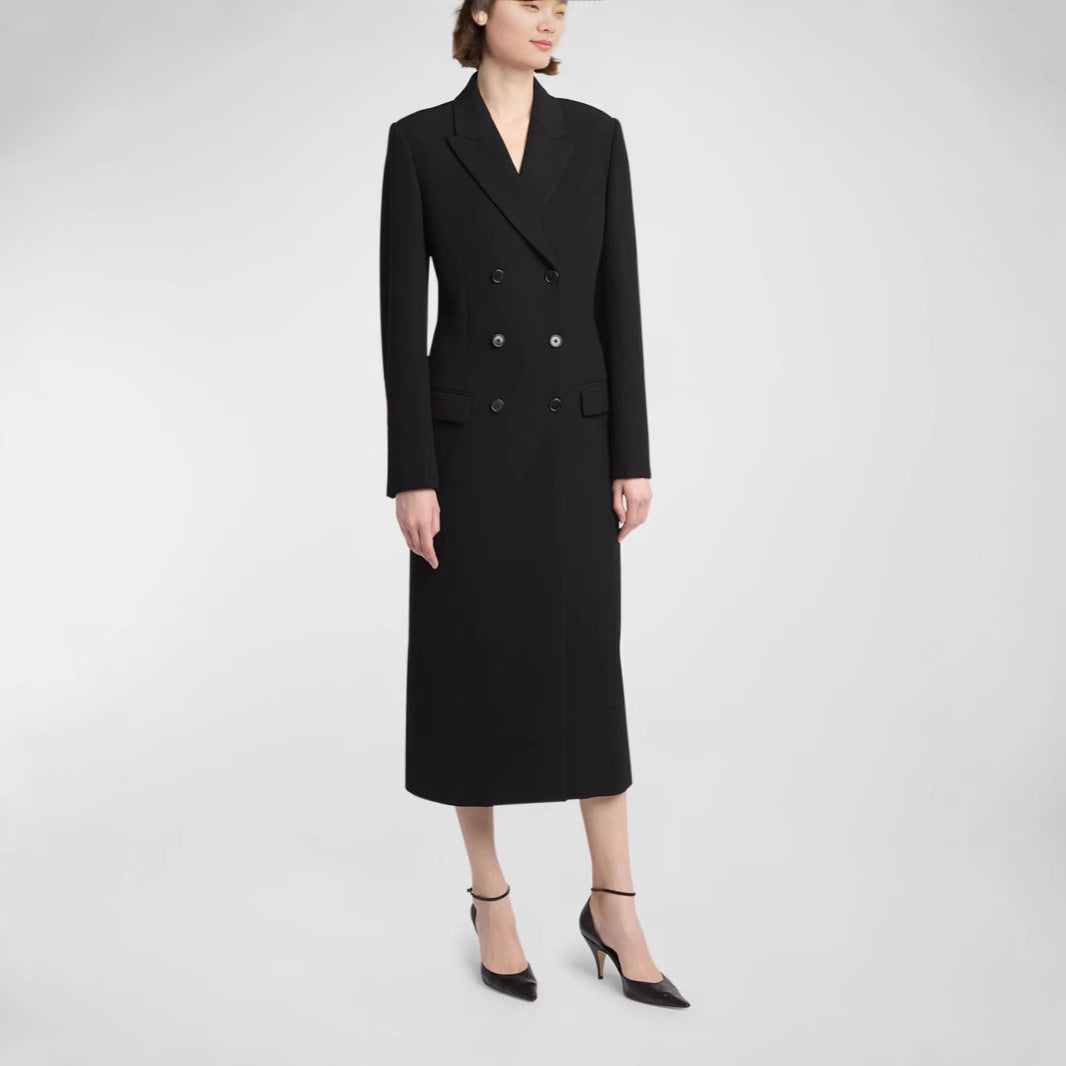 Damen Midilanger Doppelreihiger Blazer‑Mantel mit strukturierter Schulter und schlanker Passform Drune