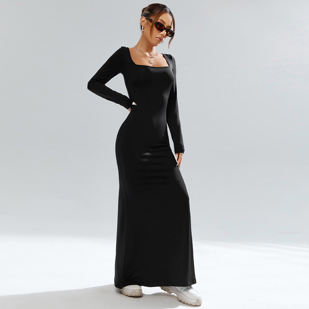 Damen elegantes Maxi-Kleid mit ausgefallenem quadratischen Ausschnitt und figurformender Silhouette Drune