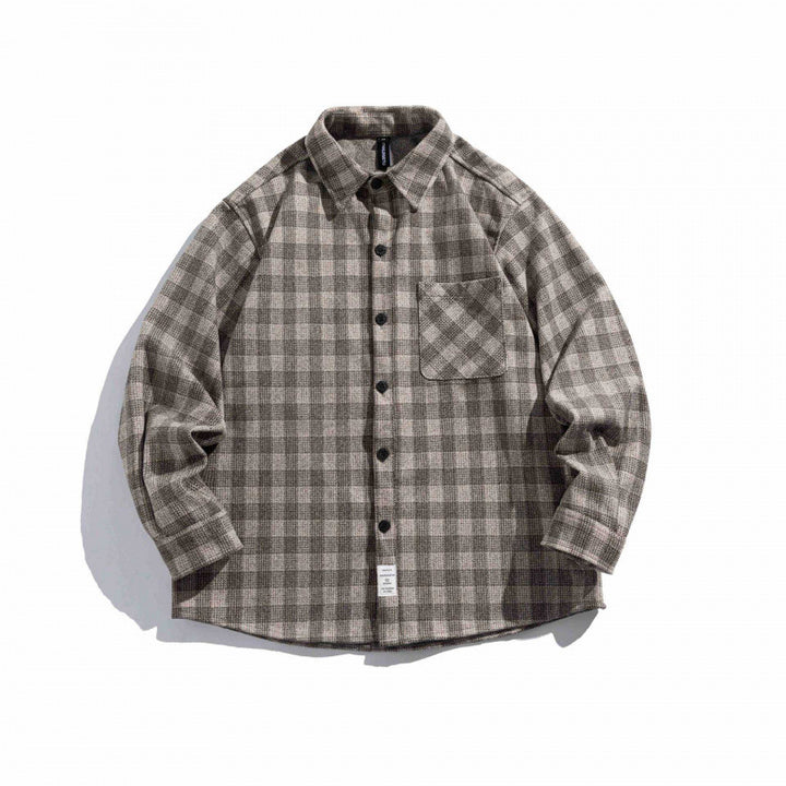 Unisex Kastenförmiges kariertes Overshirt aus weichem Flanell mit aufgesetzter Brusttasche Drune