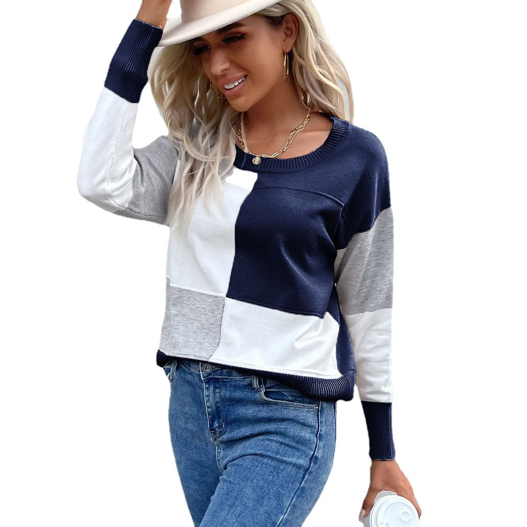 Damen Legerer Feinstrick-Pullover im Blockkaro mit geripptem Saum und lässiger Passform Drune