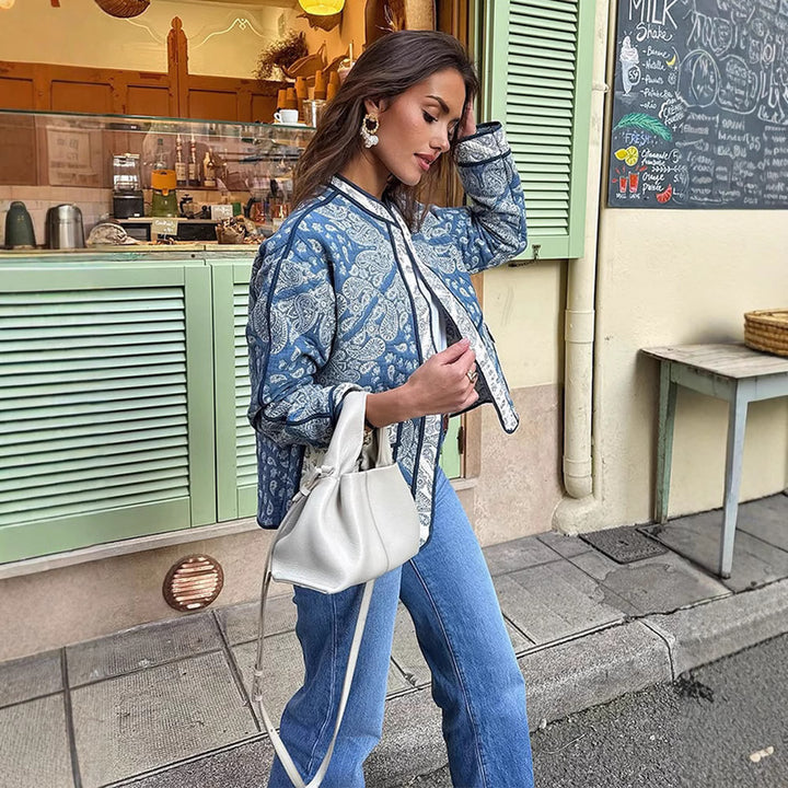 Damen modische leichte Bomberjacke mit Paisleymuster und seitlichen Eingrifftaschen Drune