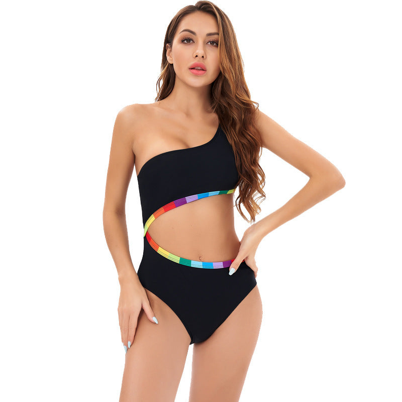Damen Einseitiger Triangel-Bikini mit buntem Akzentband Drune